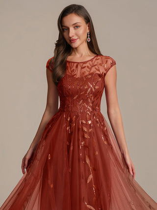 Cap Sleeve See-through Patchwork A-Line Tea Length Wedding Guest Dresses