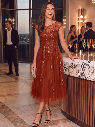 Cap Sleeve See-through Patchwork A-Line Tea Length Wedding Guest Dresses