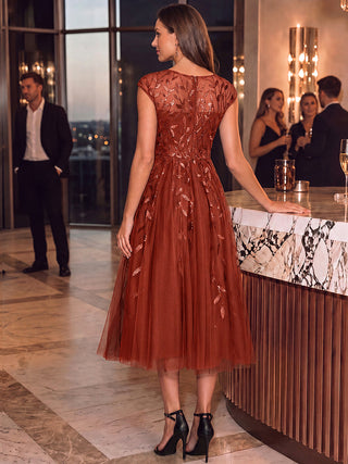 Cap Sleeve See-through Patchwork A-Line Tea Length Wedding Guest Dresses