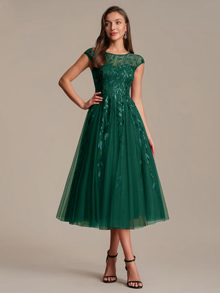 Cap Sleeve See-through Patchwork A-Line Tea Length Wedding Guest Dresses