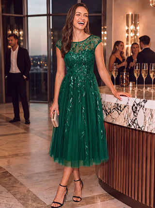 Cap Sleeve See-through Patchwork A-Line Tea Length Wedding Guest Dresses