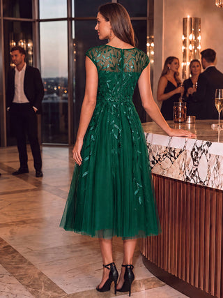 Cap Sleeve See-through Patchwork A-Line Tea Length Wedding Guest Dresses