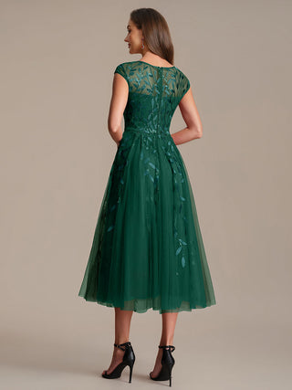 Cap Sleeve See-through Patchwork A-Line Tea Length Wedding Guest Dresses