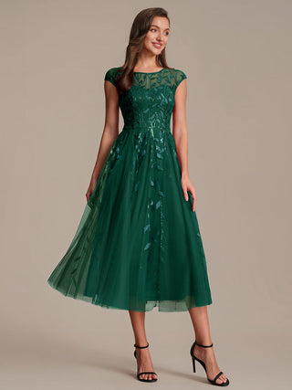 Cap Sleeve See-through Patchwork A-Line Tea Length Wedding Guest Dresses