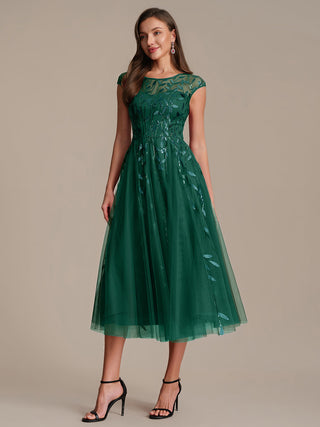 Cap Sleeve See-through Patchwork A-Line Tea Length Wedding Guest Dresses
