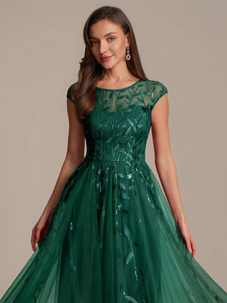 Cap Sleeve See-through Patchwork A-Line Tea Length Wedding Guest Dresses