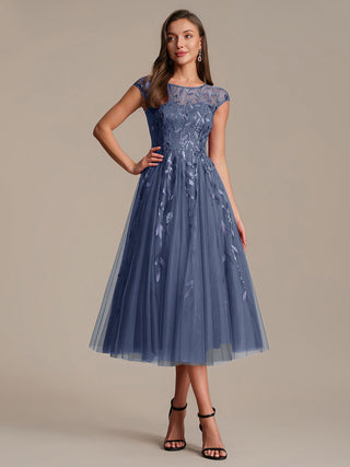Cap Sleeve See-through Patchwork A-Line Tea Length Wedding Guest Dresses