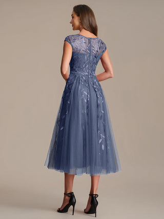 Cap Sleeve See-through Patchwork A-Line Tea Length Wedding Guest Dresses