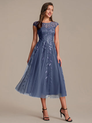 Cap Sleeve See-through Patchwork A-Line Tea Length Wedding Guest Dresses