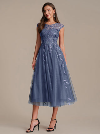 Cap Sleeve See-through Patchwork A-Line Tea Length Wedding Guest Dresses