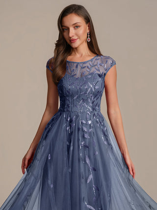 Cap Sleeve See-through Patchwork A-Line Tea Length Wedding Guest Dresses