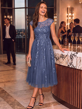 Cap Sleeve See-through Patchwork A-Line Tea Length Wedding Guest Dresses