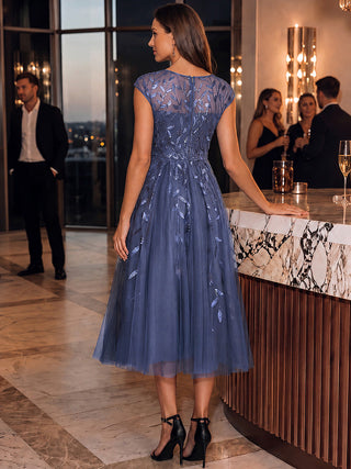 Cap Sleeve See-through Patchwork A-Line Tea Length Wedding Guest Dresses
