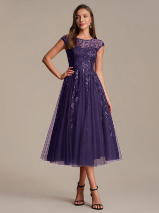 Cap Sleeve See-through Patchwork A-Line Tea Length Wedding Guest Dresses