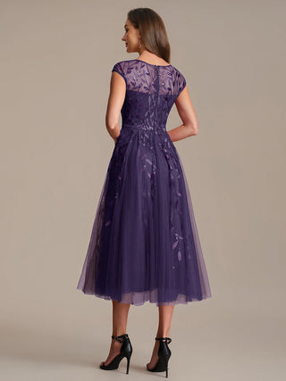 Cap Sleeve See-through Patchwork A-Line Tea Length Wedding Guest Dresses