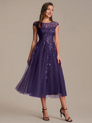 Cap Sleeve See-through Patchwork A-Line Tea Length Wedding Guest Dresses