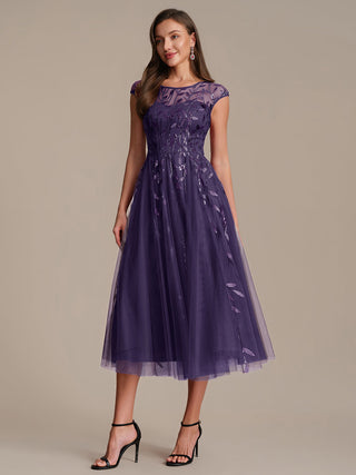 Cap Sleeve See-through Patchwork A-Line Tea Length Wedding Guest Dresses