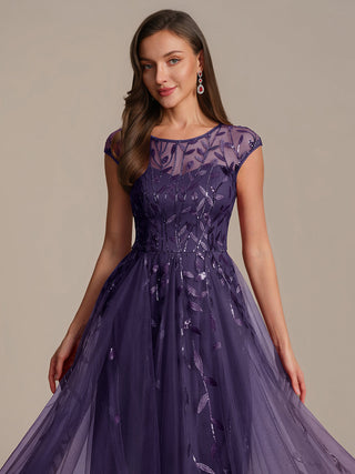 Cap Sleeve See-through Patchwork A-Line Tea Length Wedding Guest Dresses