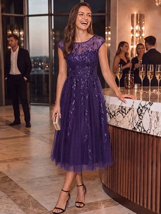 Cap Sleeve See-through Patchwork A-Line Tea Length Wedding Guest Dresses