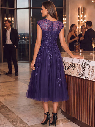 Cap Sleeve See-through Patchwork A-Line Tea Length Wedding Guest Dresses