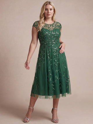 Cap Sleeve See-through Patchwork A-Line Tea Length Wedding Guest Dresses