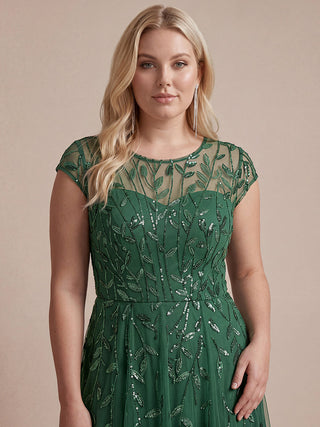 Cap Sleeve See-through Patchwork A-Line Tea Length Wedding Guest Dresses