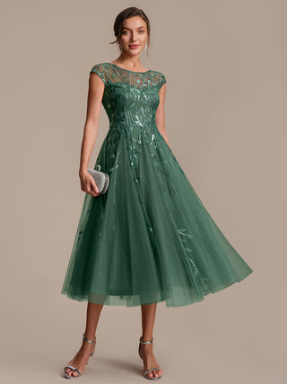 Cap Sleeve See-through Patchwork A-Line Tea Length Wedding Guest Dresses