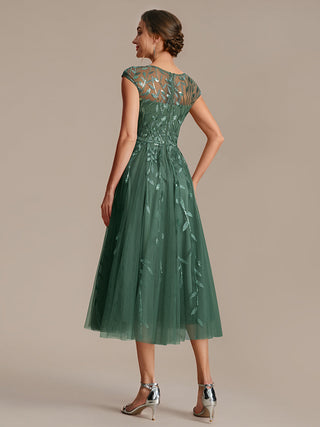 Cap Sleeve See-through Patchwork A-Line Tea Length Wedding Guest Dresses