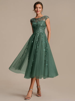 Cap Sleeve See-through Patchwork A-Line Tea Length Wedding Guest Dresses