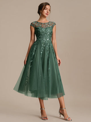 Cap Sleeve See-through Patchwork A-Line Tea Length Wedding Guest Dresses