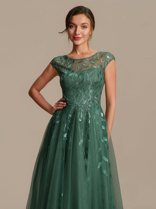 Cap Sleeve See-through Patchwork A-Line Tea Length Wedding Guest Dresses