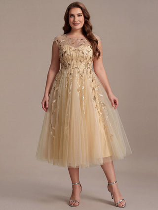 Cap Sleeve See-through Patchwork A-Line Tea Length Wedding Guest Dresses