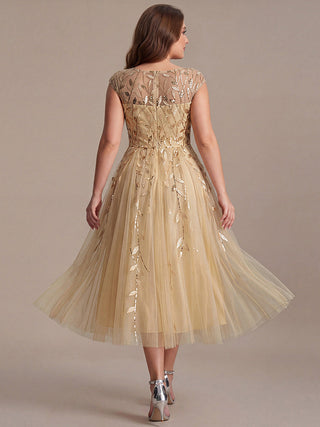 Cap Sleeve See-through Patchwork A-Line Tea Length Wedding Guest Dresses