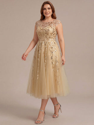 Cap Sleeve See-through Patchwork A-Line Tea Length Wedding Guest Dresses