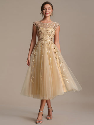 Cap Sleeve See-through Patchwork A-Line Tea Length Wedding Guest Dresses