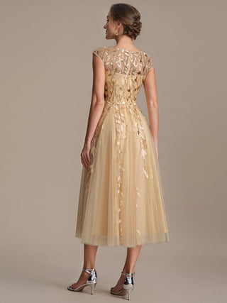 Cap Sleeve See-through Patchwork A-Line Tea Length Wedding Guest Dresses