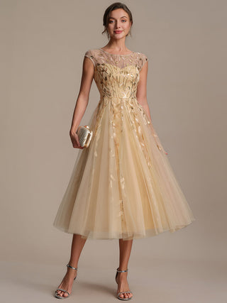 Cap Sleeve See-through Patchwork A-Line Tea Length Wedding Guest Dresses