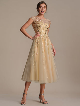 Cap Sleeve See-through Patchwork A-Line Tea Length Wedding Guest Dresses