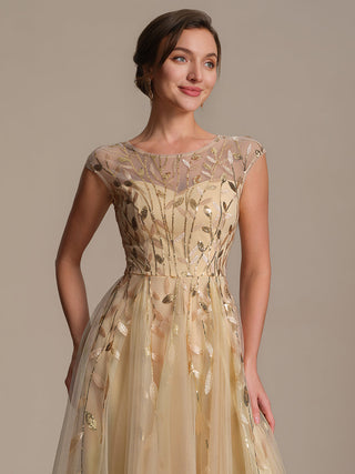 Cap Sleeve See-through Patchwork A-Line Tea Length Wedding Guest Dresses