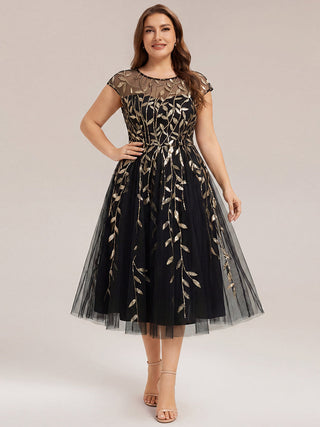 Cap Sleeve See-through Patchwork A-Line Tea Length Wedding Guest Dresses