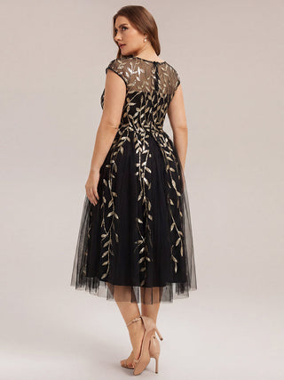 Cap Sleeve See-through Patchwork A-Line Tea Length Wedding Guest Dresses
