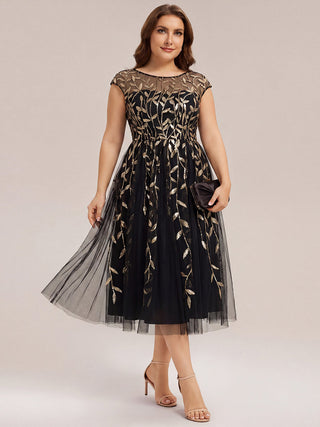 Cap Sleeve See-through Patchwork A-Line Tea Length Wedding Guest Dresses