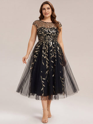 Cap Sleeve See-through Patchwork A-Line Tea Length Wedding Guest Dresses