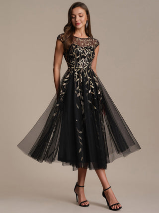 Cap Sleeve See-through Patchwork A-Line Tea Length Wedding Guest Dresses