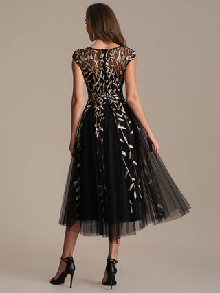 Cap Sleeve See-through Patchwork A-Line Tea Length Wedding Guest Dresses