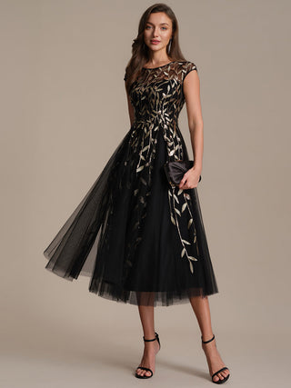 Cap Sleeve See-through Patchwork A-Line Tea Length Wedding Guest Dresses