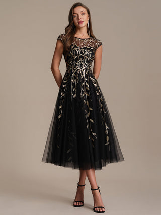 Cap Sleeve See-through Patchwork A-Line Tea Length Wedding Guest Dresses