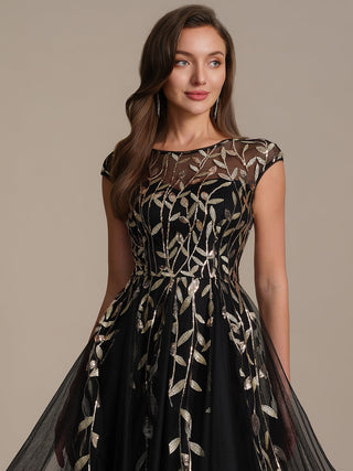 Cap Sleeve See-through Patchwork A-Line Tea Length Wedding Guest Dresses