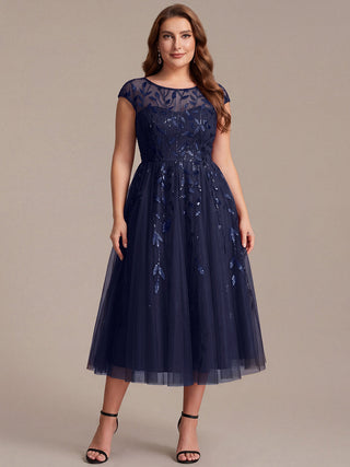 Cap Sleeve See-through Patchwork A-Line Tea Length Wedding Guest Dresses