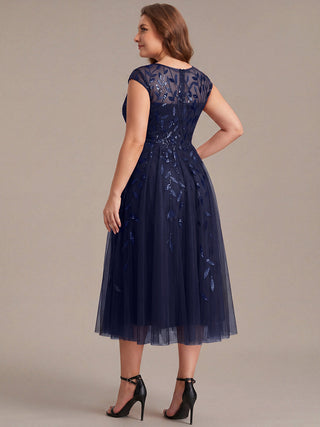 Cap Sleeve See-through Patchwork A-Line Tea Length Wedding Guest Dresses